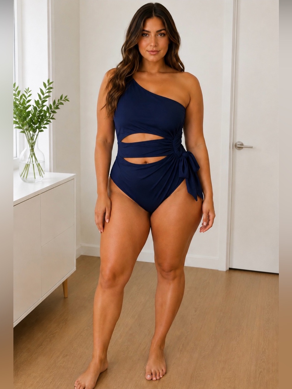 Zara Navy One Shoulder Cut Out One Piece Swimsuit Tie Waist Women’s | XL